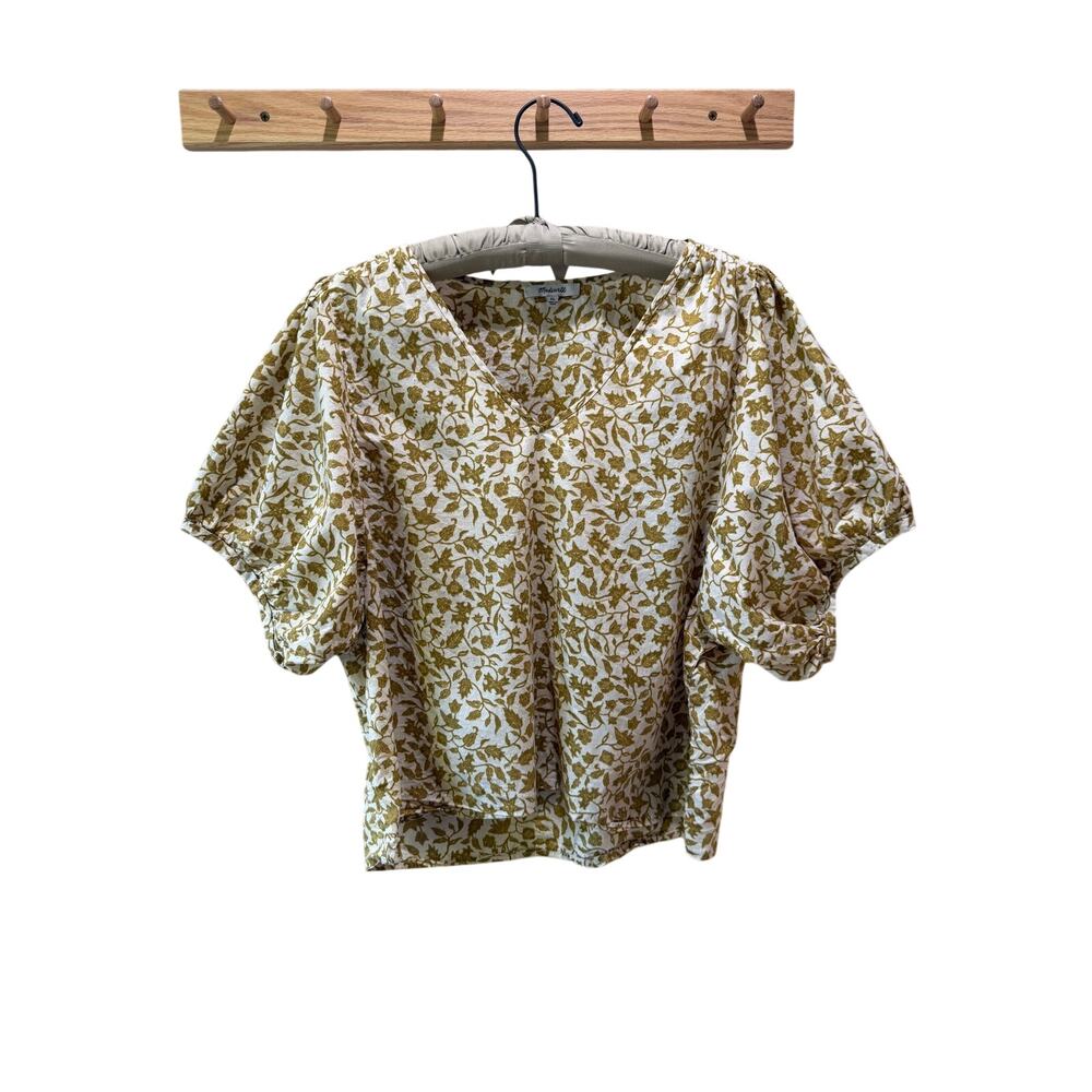 Madewell V Neck Batik Vine Mustard Tan Cotton Boho Prairie Puff Sleeve Size XL